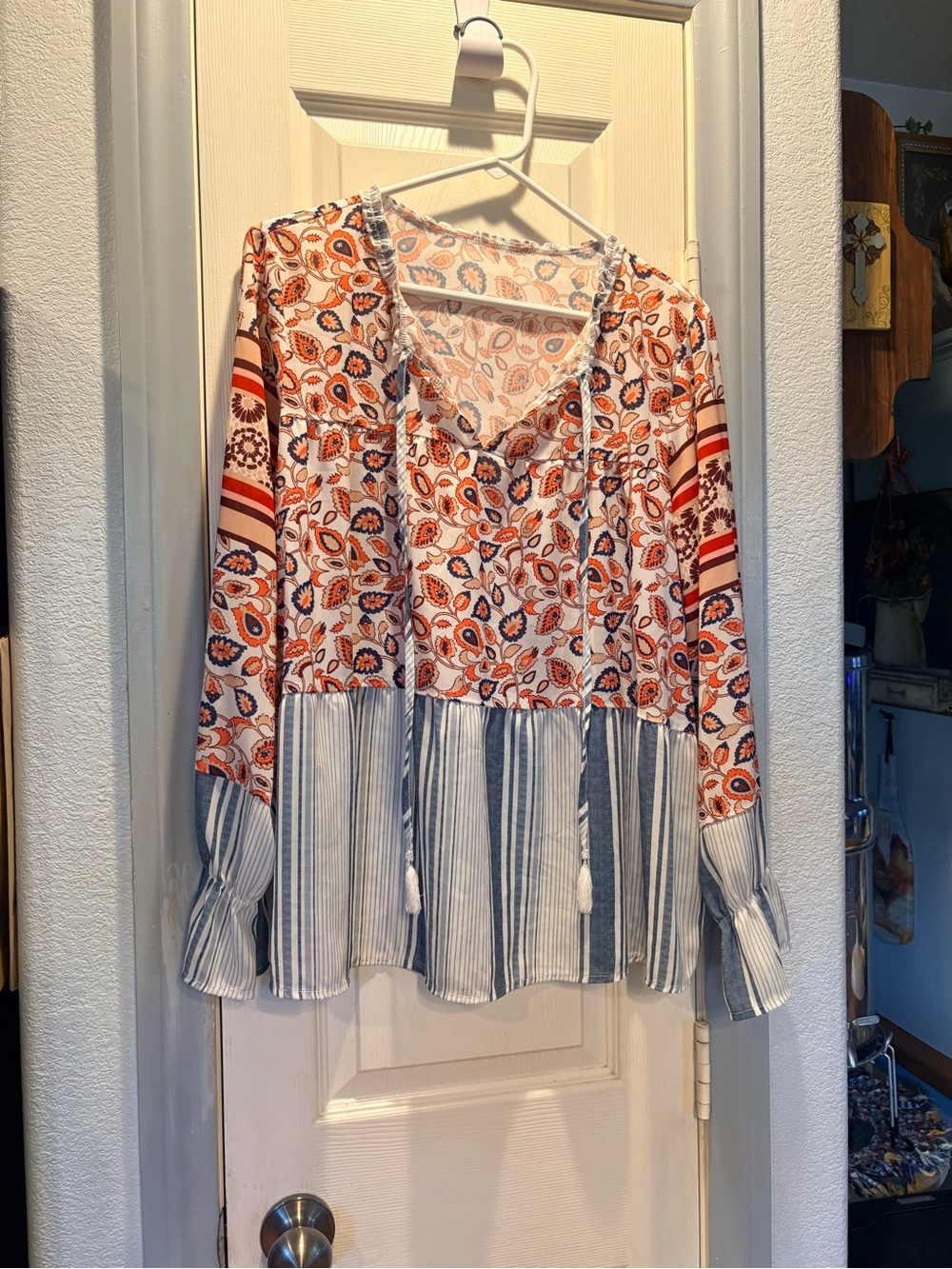 Boho Floral & Stripe Peasant Tunic - Orange & Blue